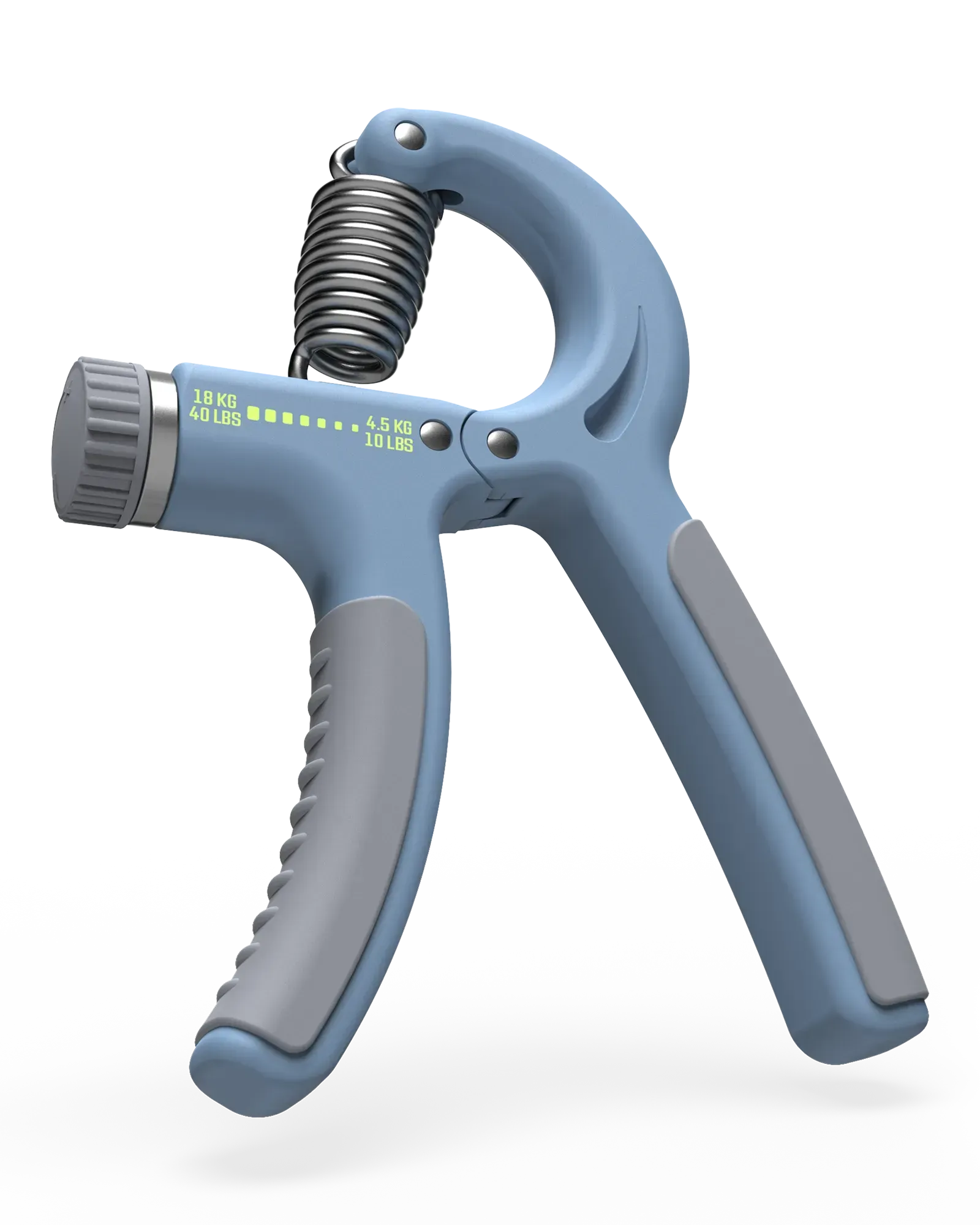 Hand grip strengthener with blue and gray design
