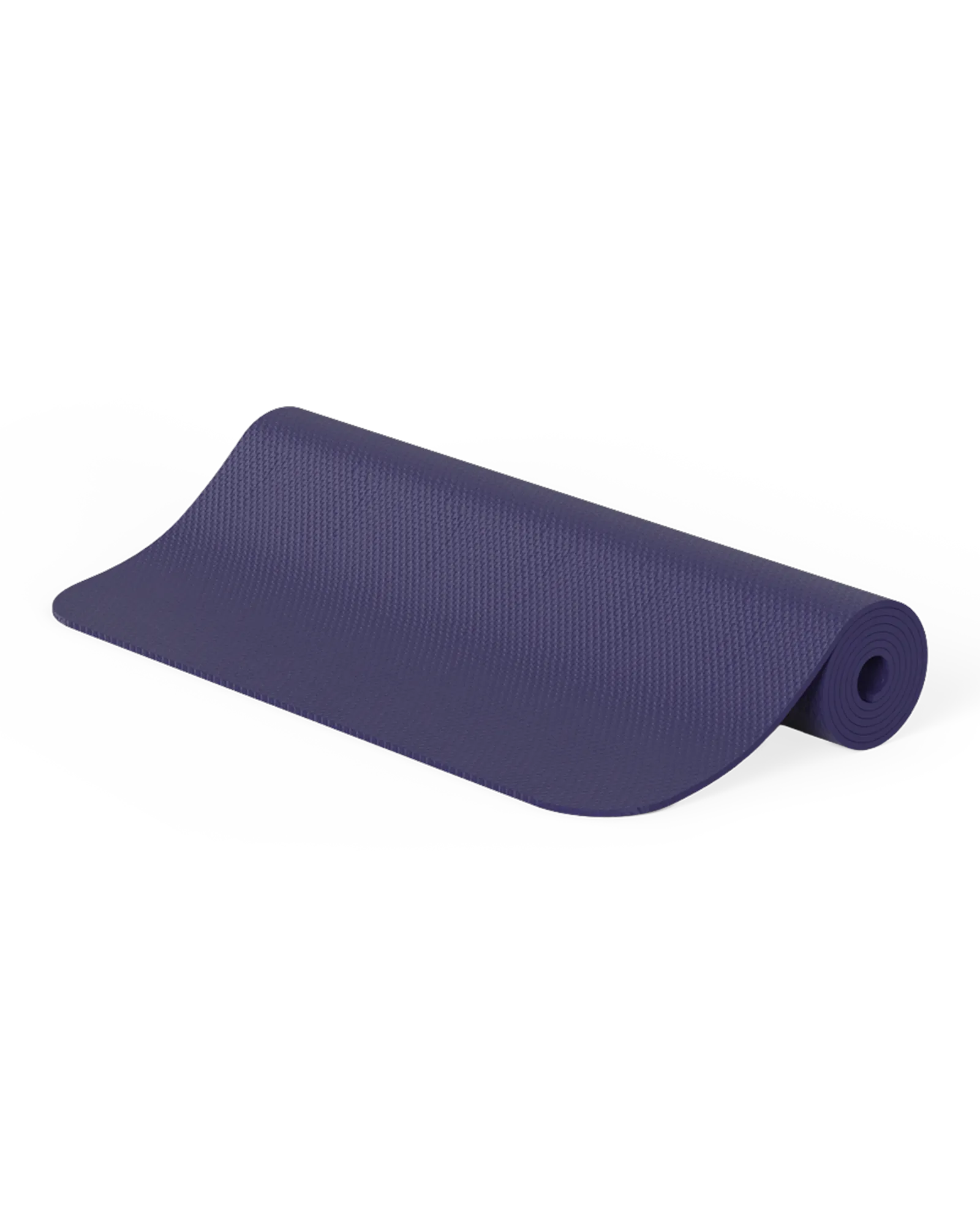 EQYP Yoga Mat in navy blue partially rolled showing the textured grip surface and smooth underside