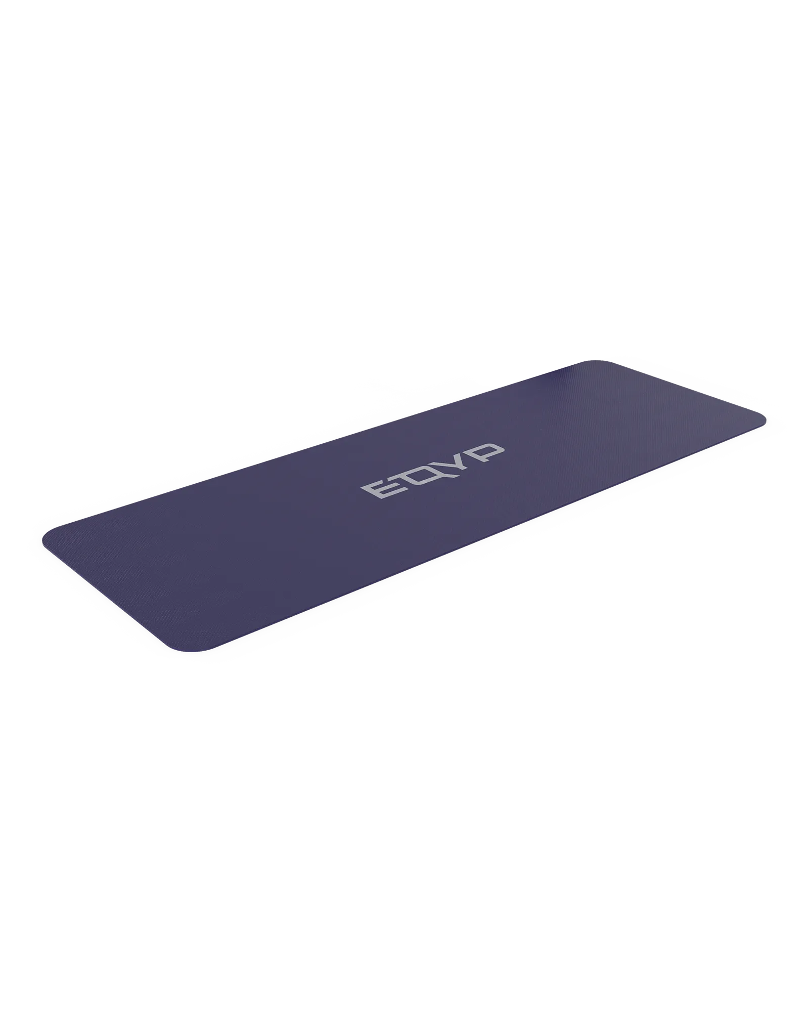 EQYP Yoga Mat laid flat in navy blue with gray EQYP logo on non-slip textured surface