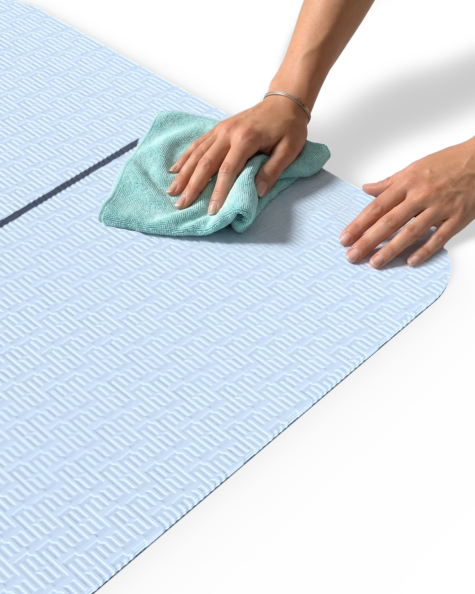 Person wiping down EQYP Dual Layer Yoga Mat showing light blue side