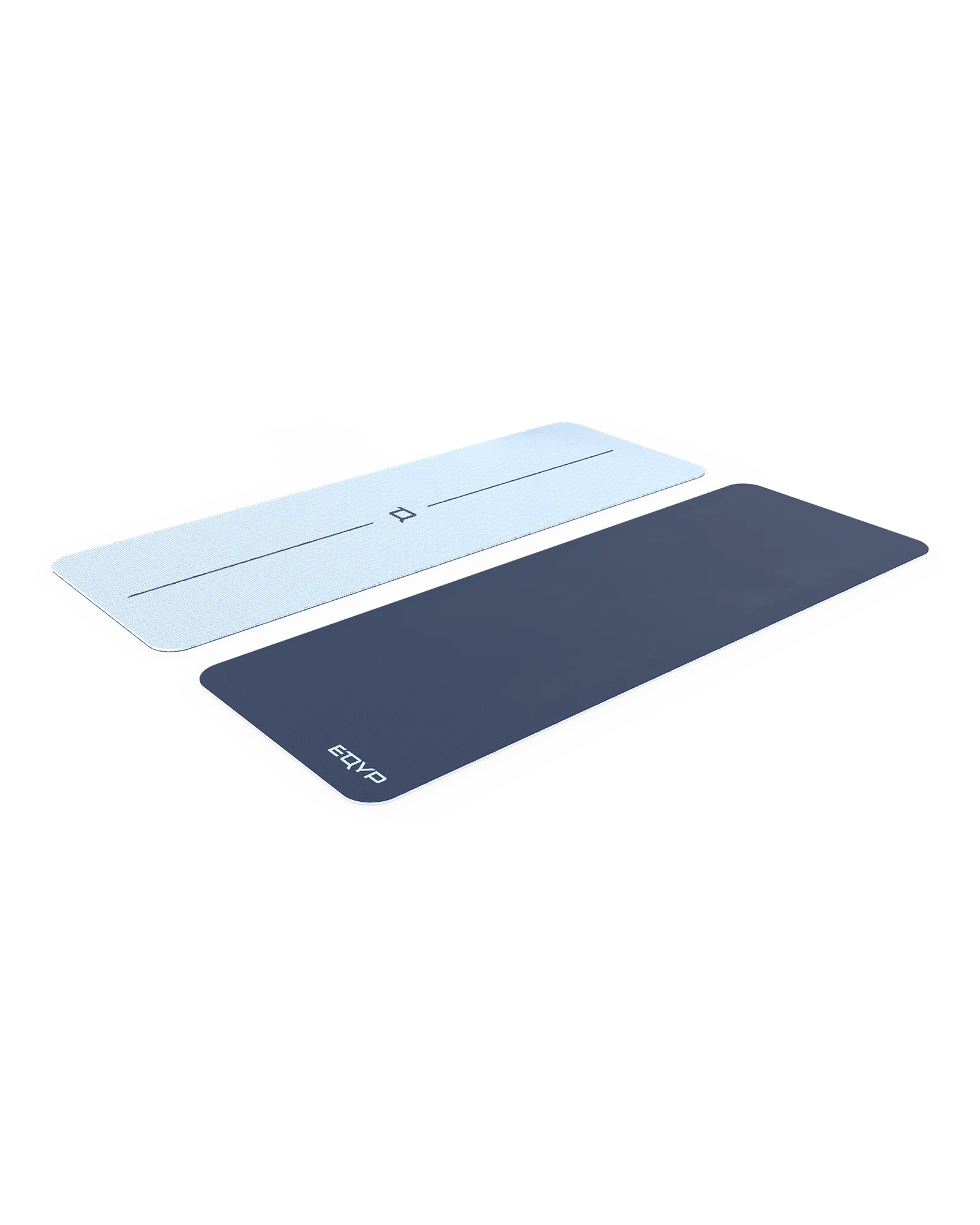 Two EQYP Dual Layer Yoga Mats, showing the light blue side and dark blue side, on a white background.