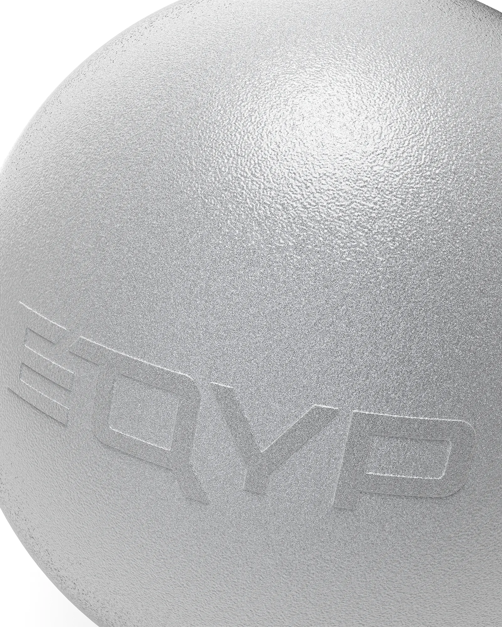 Close-up of EQYP Pro Stability Ball 55cm silver gray surface showing textured finish and embossed EQYP logo