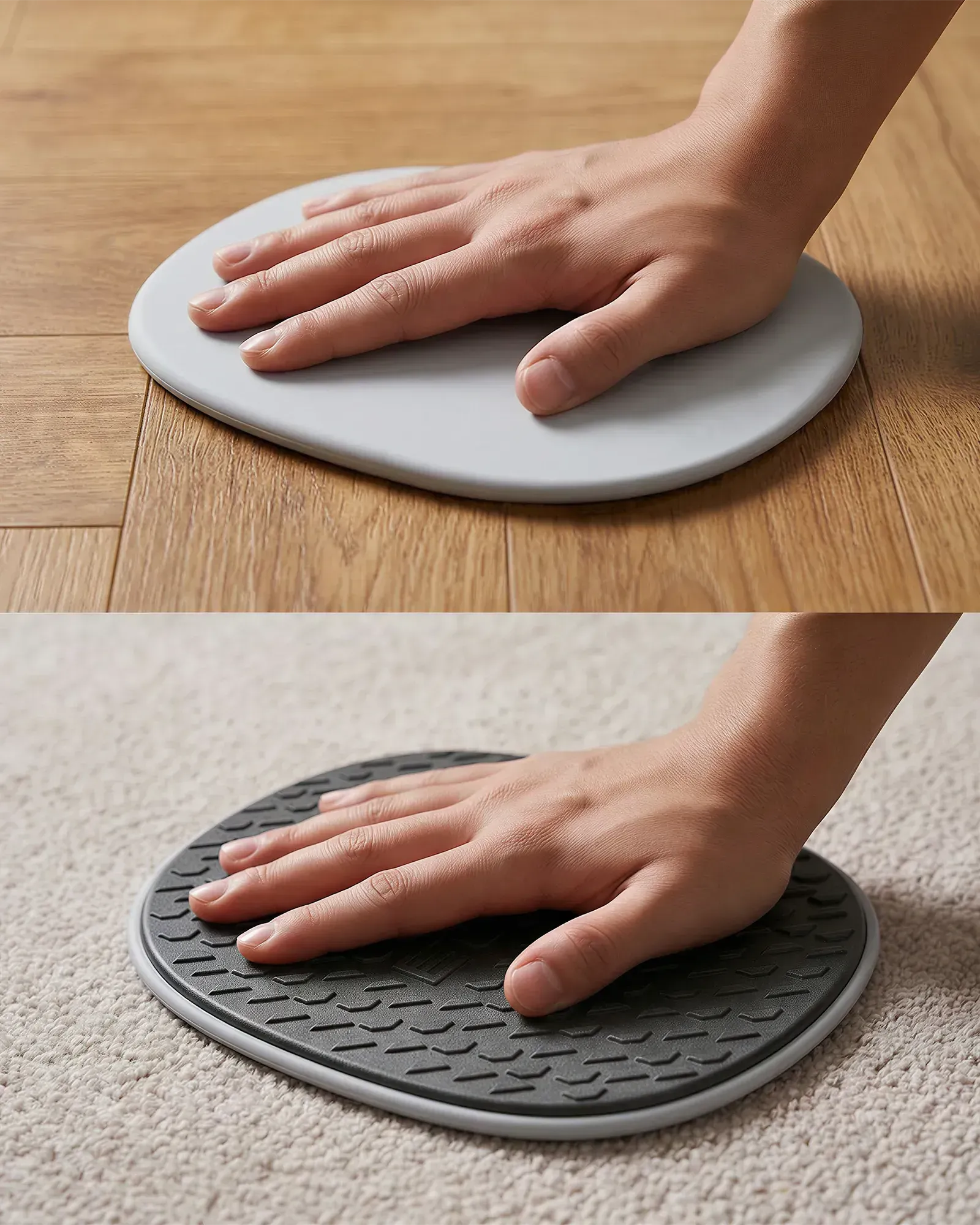 Split image showing EQYP Sliding Disc smooth side on hardwood floor and textured grip side on carpet