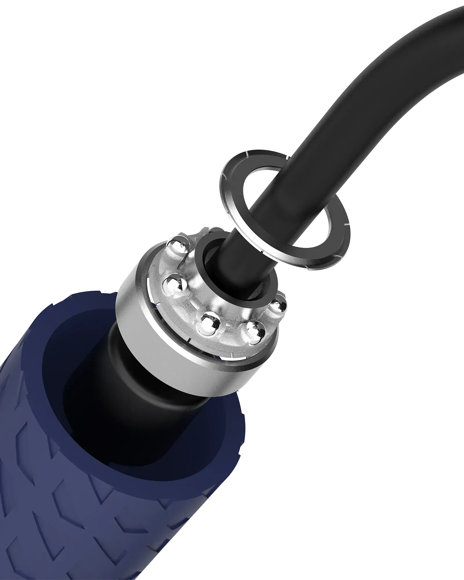 Close-up of EQYP Pro Speed Jump Rope ball bearing mechanism and black rope connection point at handle