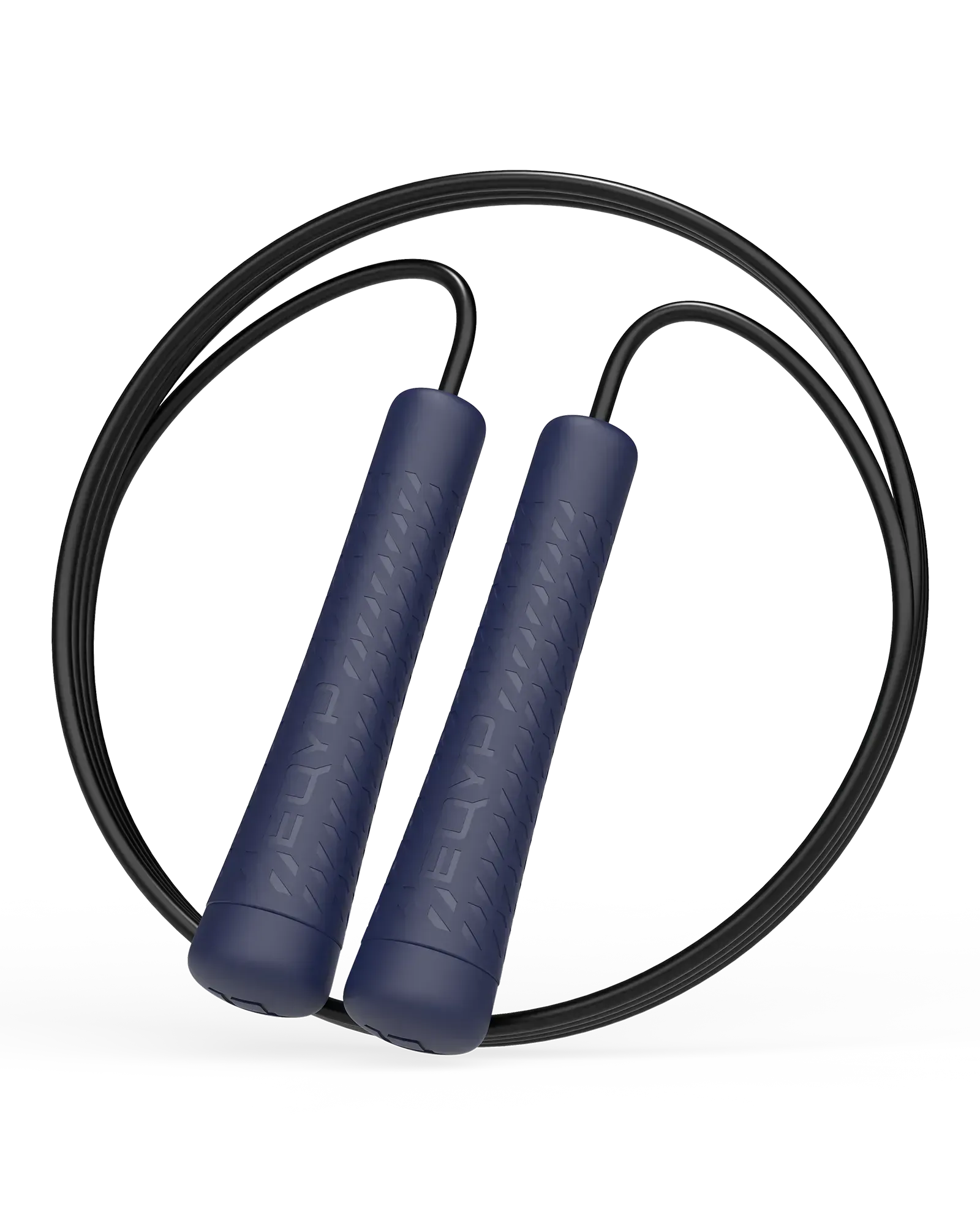 EQYP Pro Speed Jump Rope with navy blue textured handles and black rope coiled in a circle