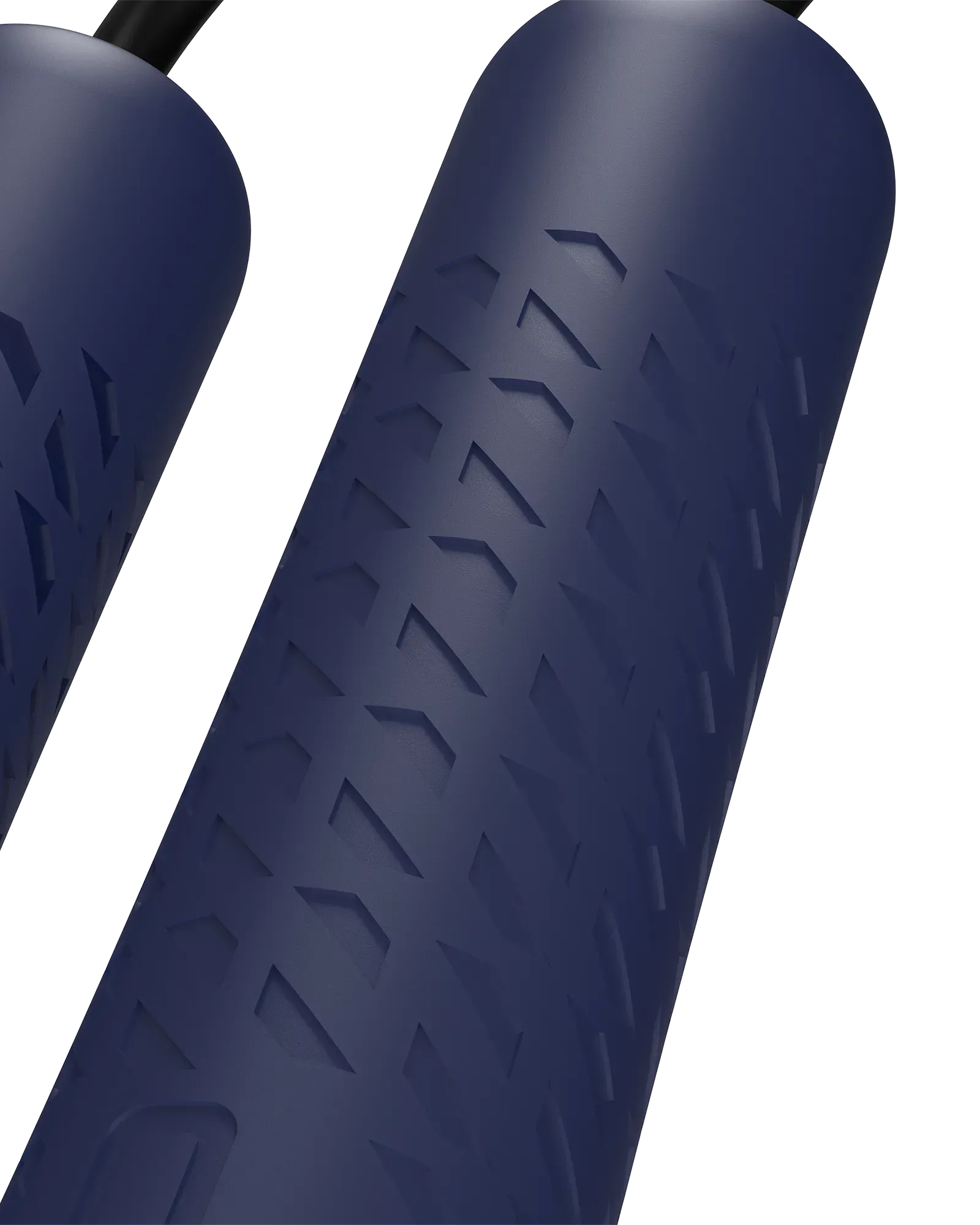 Close-up of EQYP Ropeless Weighted Jump Rope navy blue dual-density TPU grip handles showing textured chevron pattern