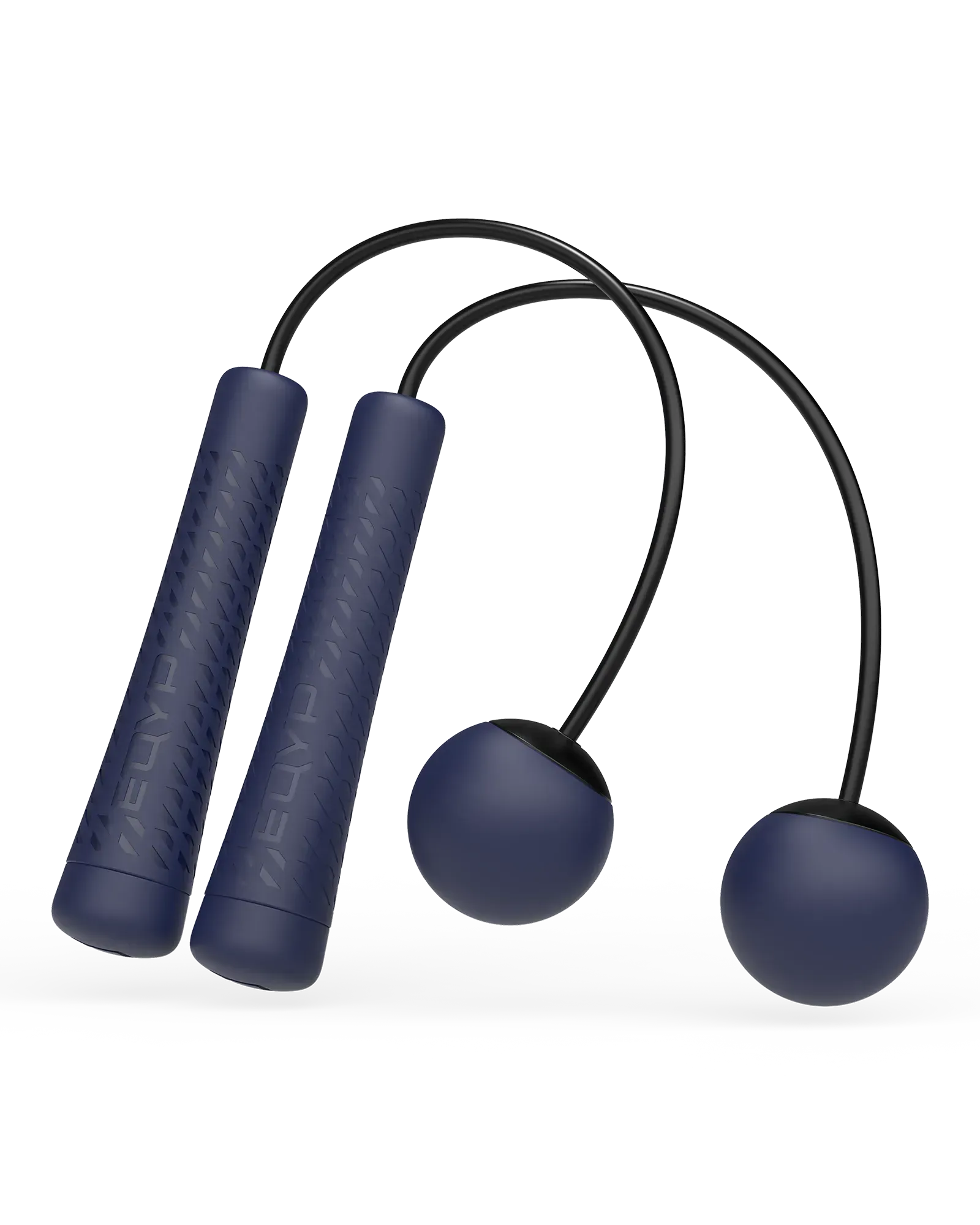 EQYP Ropeless Weighted Jump Rope with navy blue textured handles and weighted ball ends connected by black cords