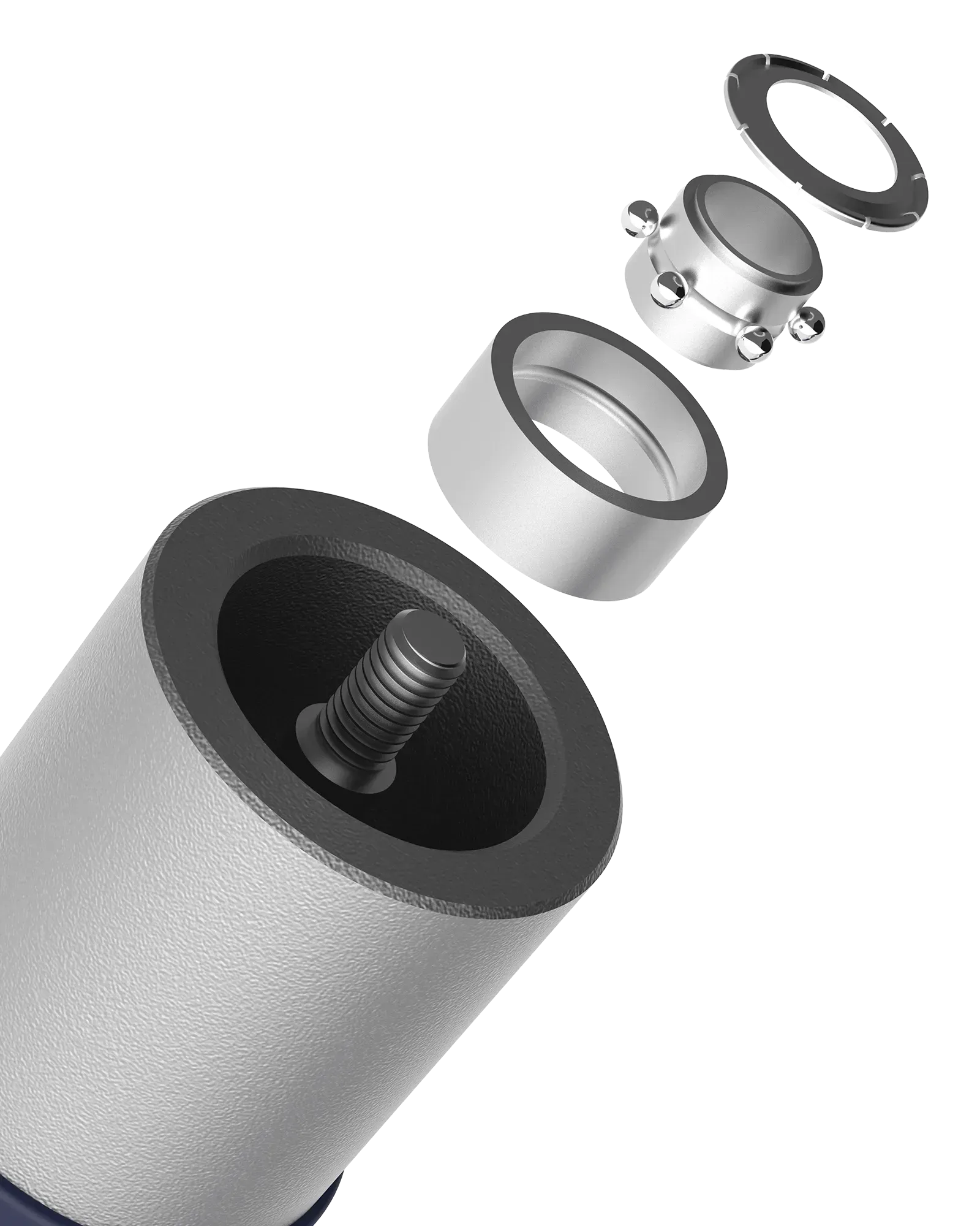 Exploded view of EQYP Pro Cable Jump Rope aluminum handle showing ball bearing assembly and screw mechanism