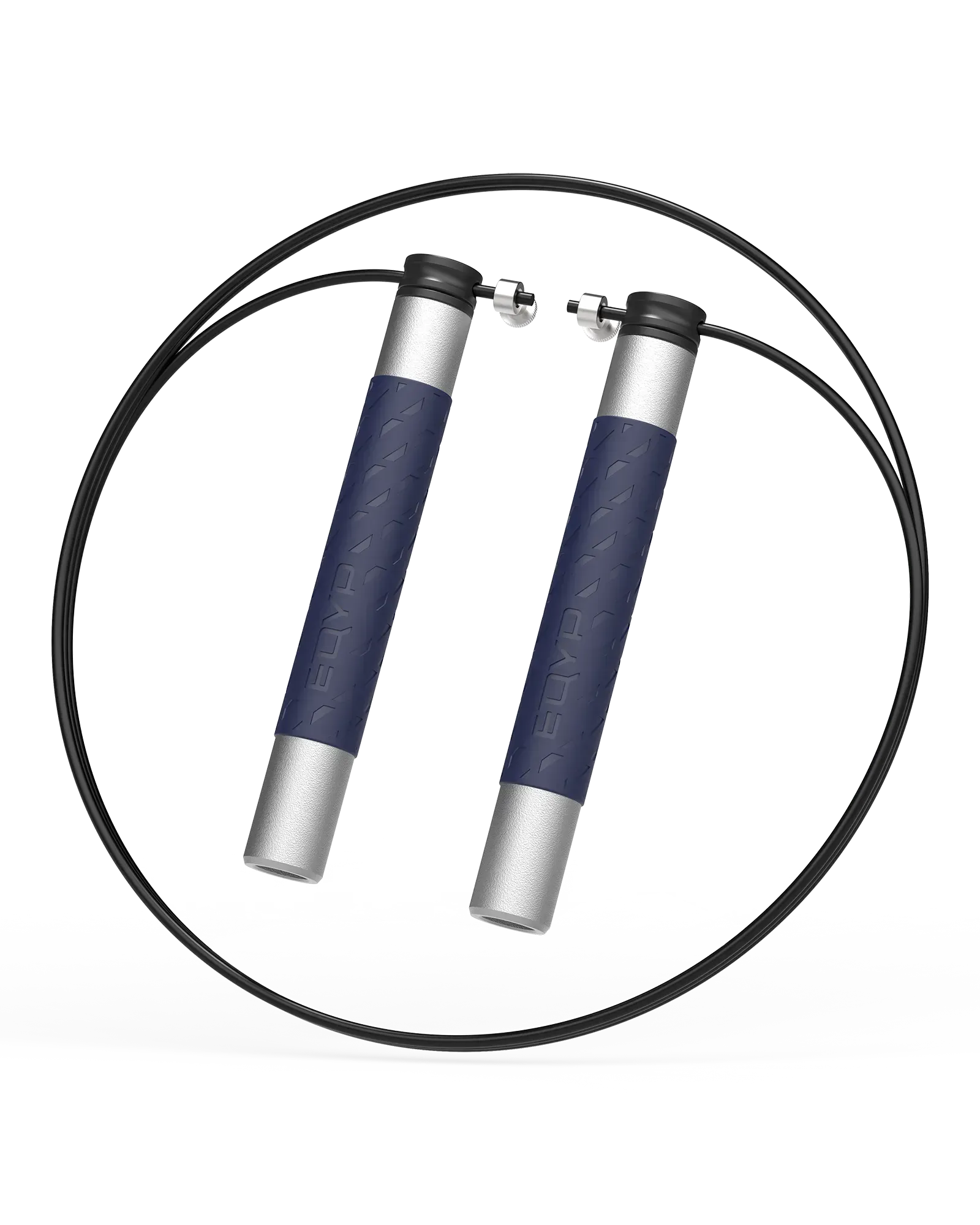 EQYP Pro Cable Jump Rope with navy blue TPU grip handles and aluminum ends with steel cable coiled in a circle