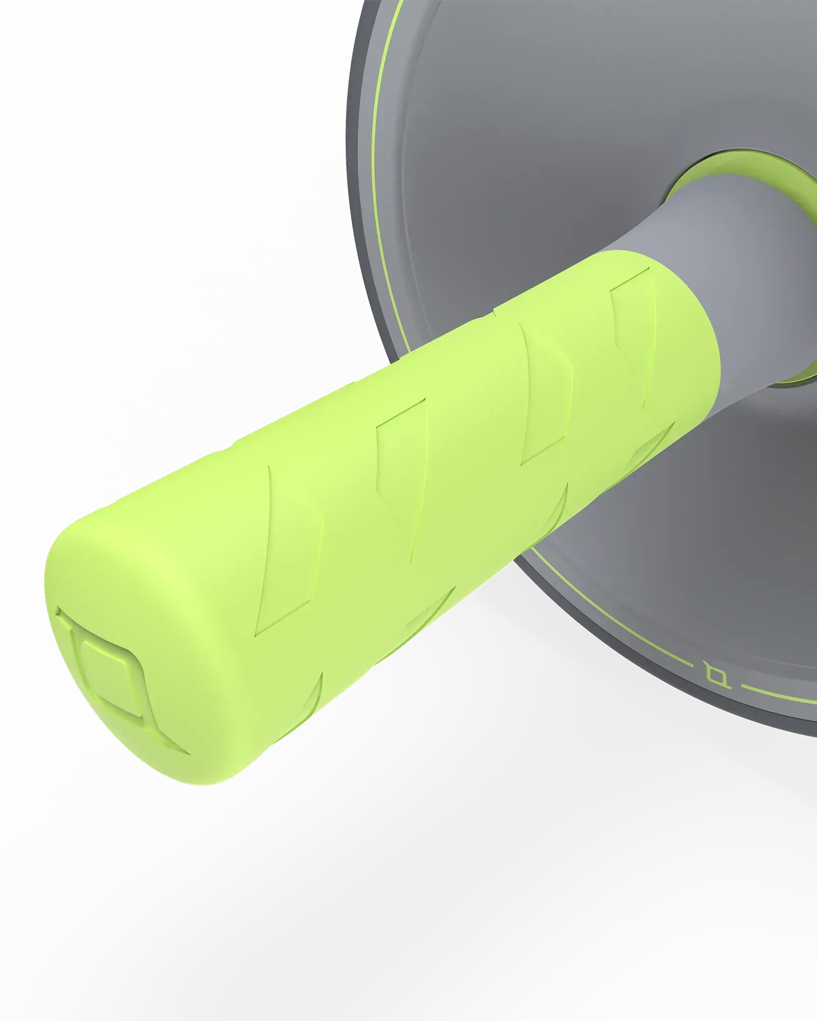 Close-up of EQYP Q-Tech Ab Wheel neon green textured grip handle showing chevron pattern and gray wheel with neon green accent ring