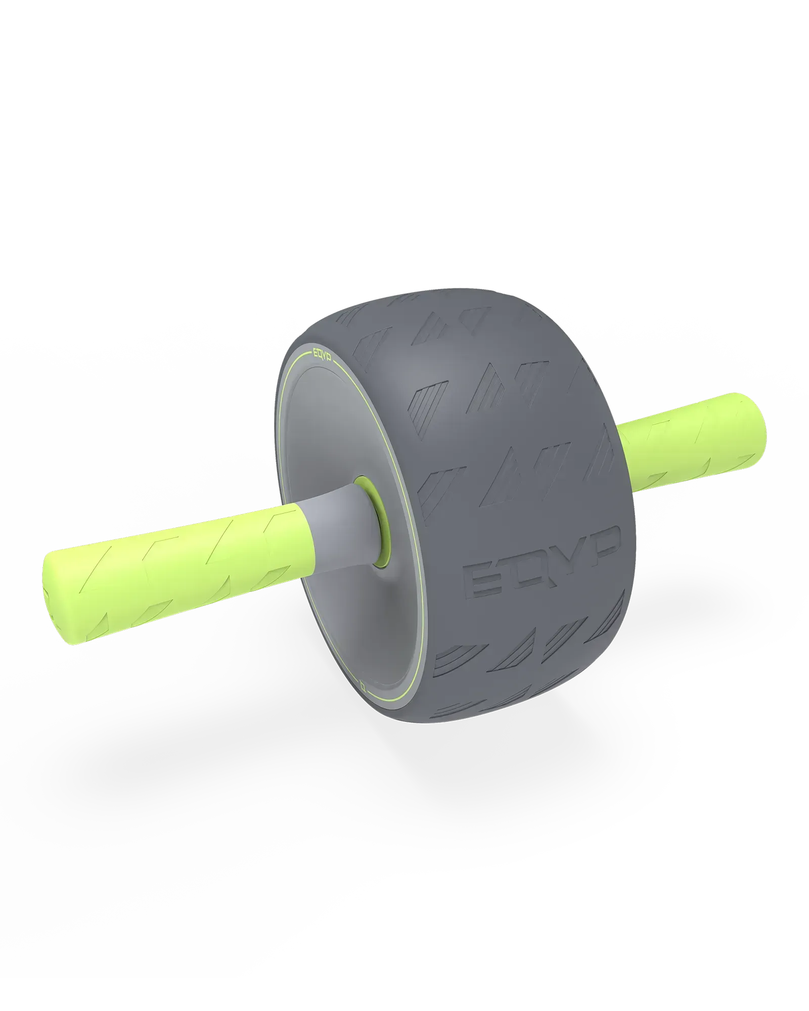 EQYP Q-Tech Ab Wheel with gray textured double wheel and neon green grip handles showing embossed EQYP logo